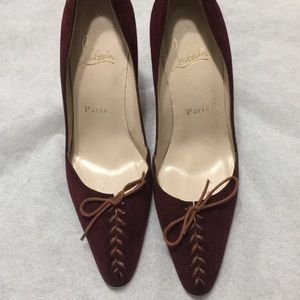 Louboutin Bergundy suede lacy front shoe